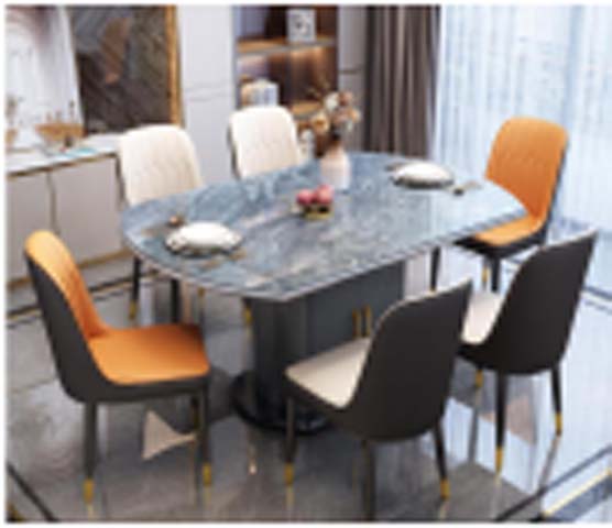 Contemporary Extendable Blue-Grey Stone Top Dining Table with Dual Dark Grey Pedestals