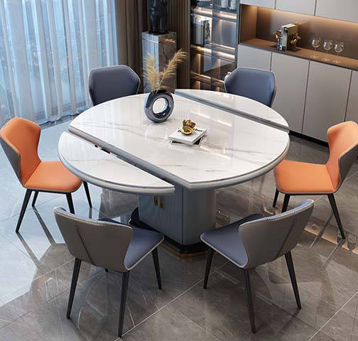 Modern Extendable Sintered Stone Round Dining Set with 6 Upholstered Chairs