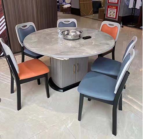 Round Hot-Pot Dining Table Set with 6 Upholstered Chairs