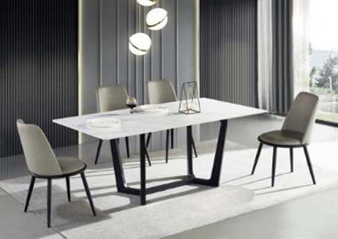 Modern Rectangular White Marble-Look Dining Table with Matte Black Metal Trestle Base