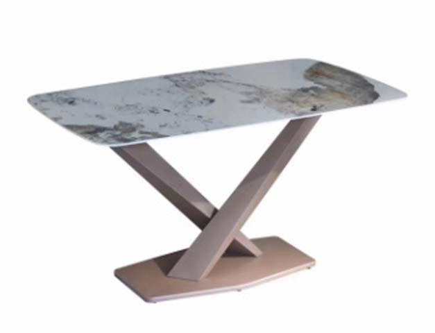 Rectangular Marble Look Dining Table with X-Shaped Metal Base
