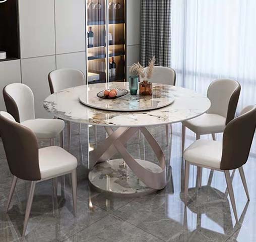 Modern Luxury 6-Seater Round Sintered Stone Dining Table with Central Lazy Susan, Champagne Gold Twisted Metal Pedestal Base