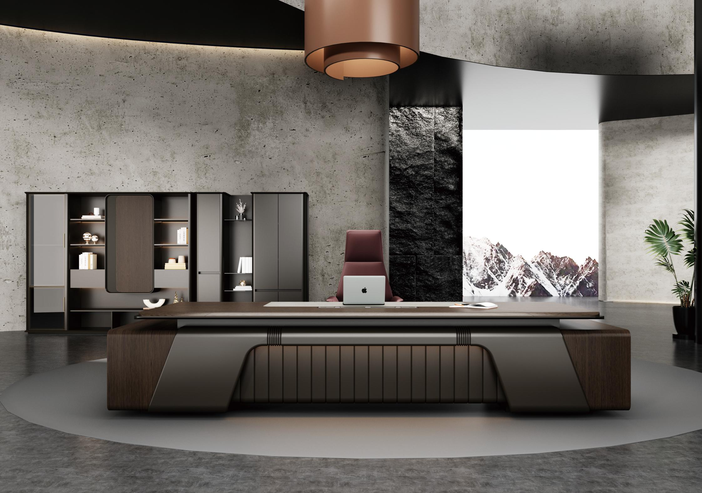 Luxury Modern Executive Office Desk with Matching High-Back Chair and Wall Storage Credenza Set