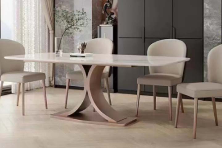 Modern Rectangular Glossy White Dining Table with Sculptural Champagne Curved X Pedestal Base