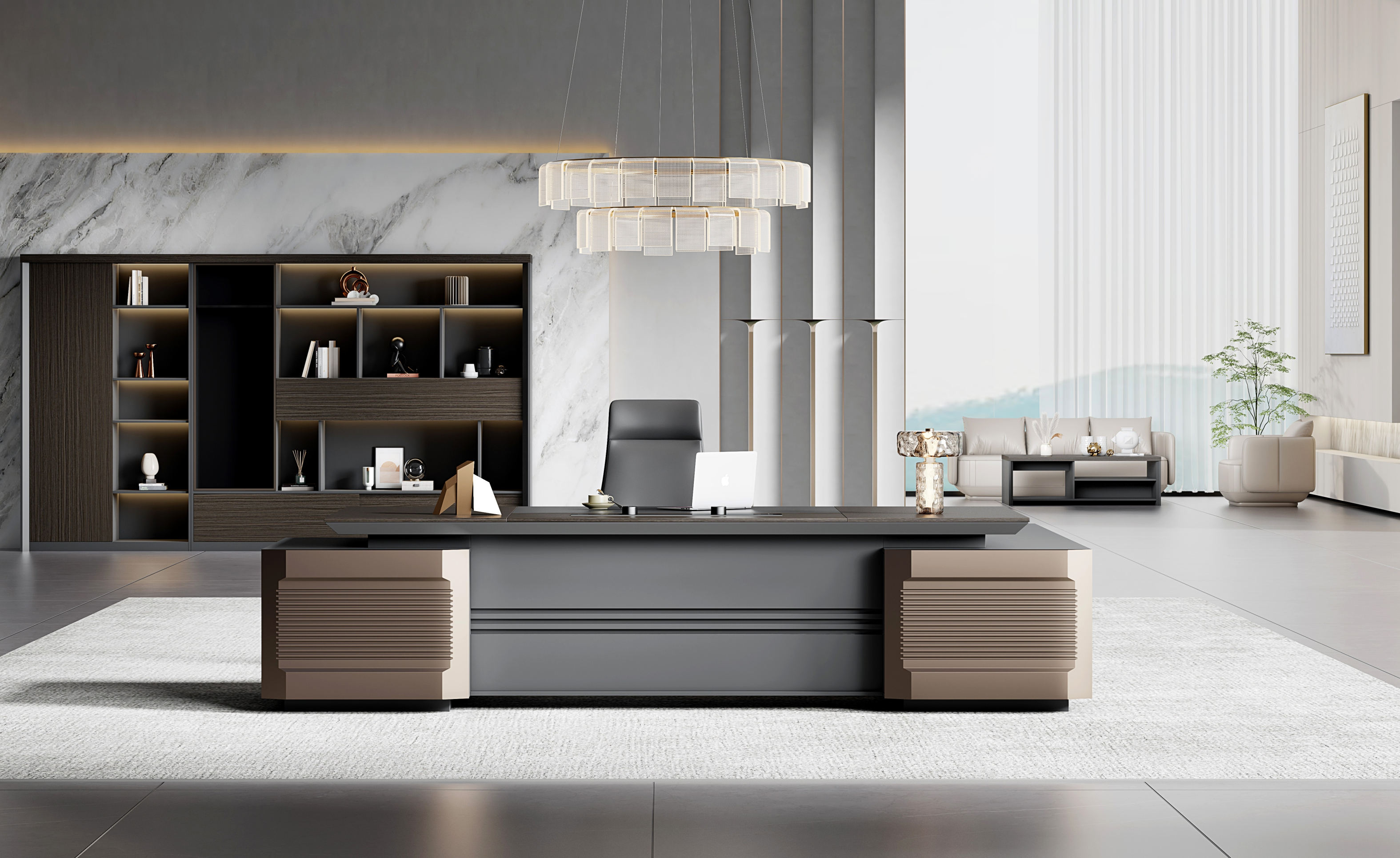 Luxury Contemporary L-shaped Executive Office Desk with Dual Storage Pedestals
