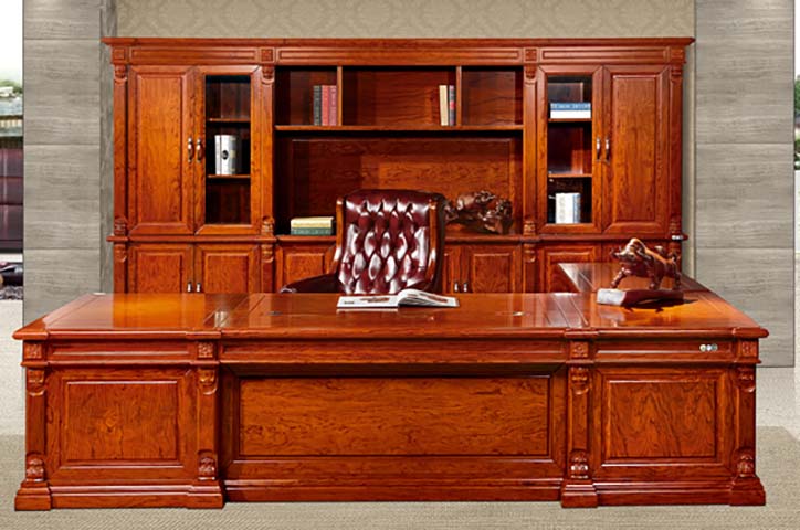 Traditional Carved Reddish Brown Double-Pedestal Executive Desk with Matching Full-Width Bookshelf Hutch