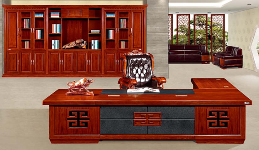 Traditional Chinese Carved L-Shaped Executive Desk with Leather Writing Pad