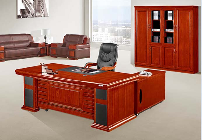 L-Shaped Solid Wood Veneer Executive Office Desk with Fixed Side Return