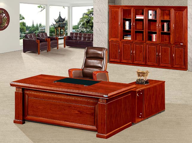 Traditional L-Shaped Reddish-Brown Wood Executive Desk with Right Return Credenza