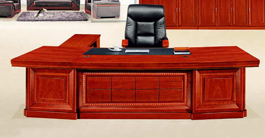 Traditional Red Wood L-Shaped Executive Office Desk with Leather Writing Pad