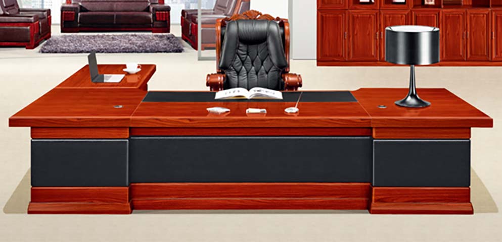 Reddish-Brown Wood Veneer L-Shaped Executive Desk with Leather Inlay