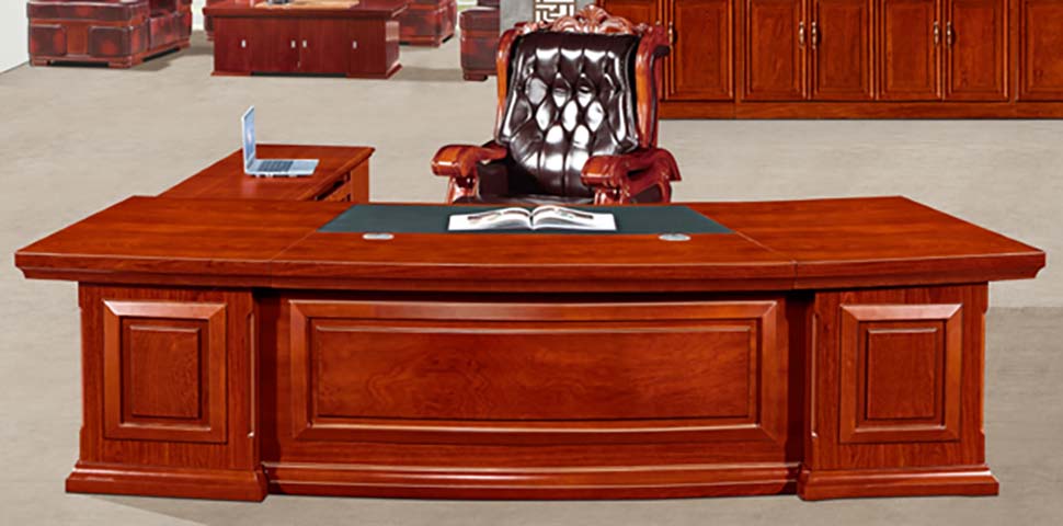 L-Shaped Red Wood Veneer Bowed Front Executive Desk