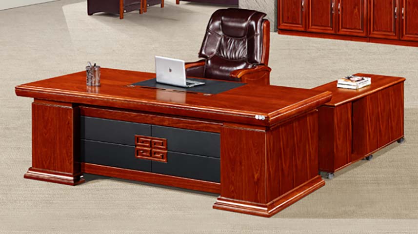 Traditional L-Shaped Glossy Reddish Brown Wooden Executive Desk with Wheeled Side Return