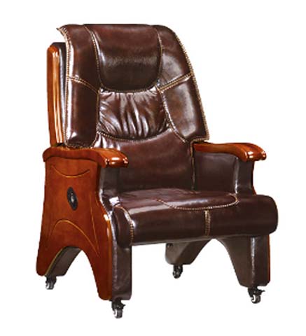 High-Back Brown Leather Executive Office Chair with Solid Wood Arm Supports