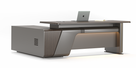 Modern L-Shaped Executive Office Desk with Integrated Side Storage Cabinet and Ambient Accent Lighting