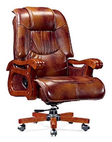 Vintage Brown Leather High-Back Executive Swivel Office Chair with Carved Wood Frame