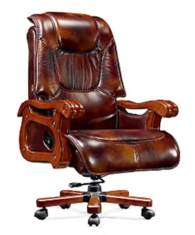 Traditional Carved Wood Frame Brown Leather High Back Executive Office Chair