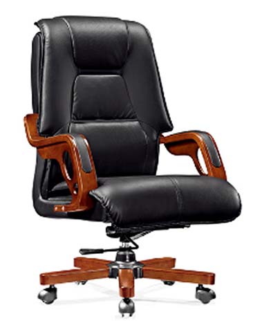 High-Back Black Faux Leather Executive Office Chair with Polished Wood Accents