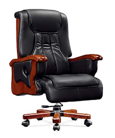 High-Back Black Leather Executive Office Chair with Mahogany Wood Accents