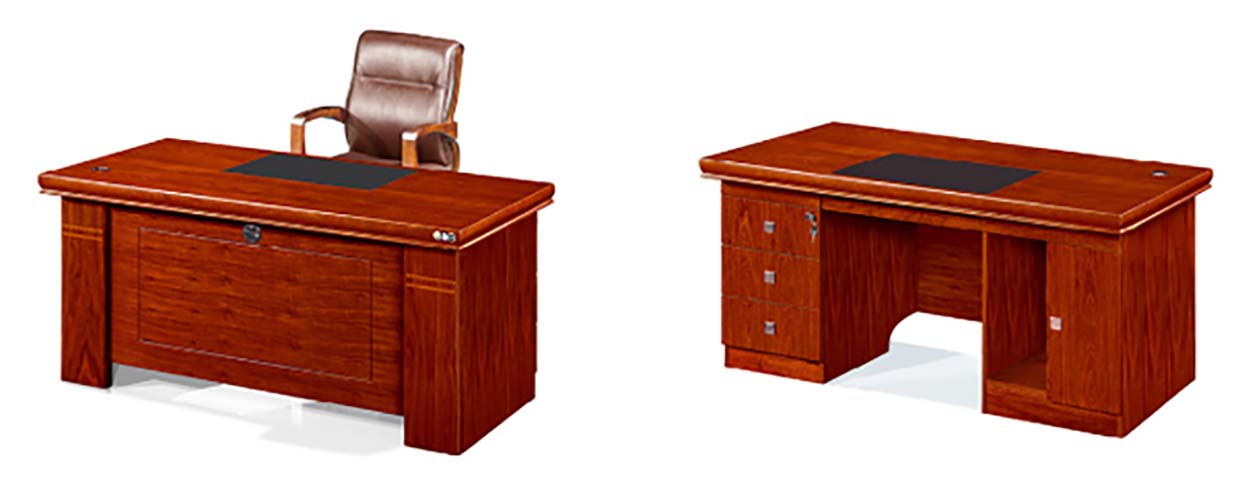Traditional Red-Brown Wood-Veneer Double-Pedestal Executive Desk with Integrated Leather Writing Pad