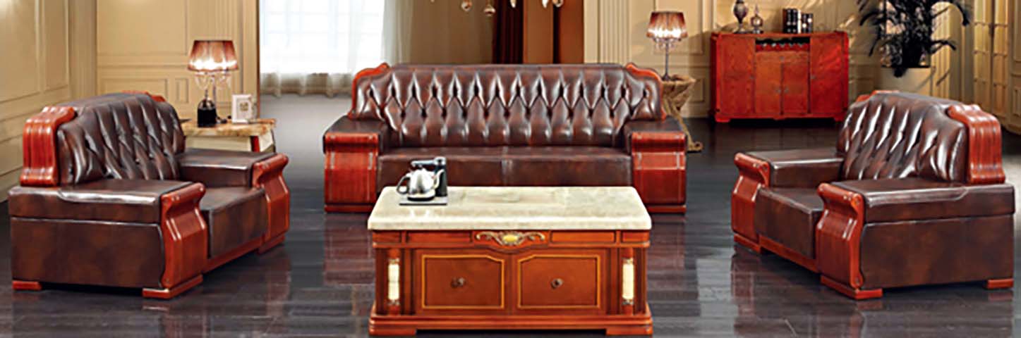Executive 1+1+3 Reception Leather Sofa Set with Matching Marble-Top Solid Wood Storage Coffee Table