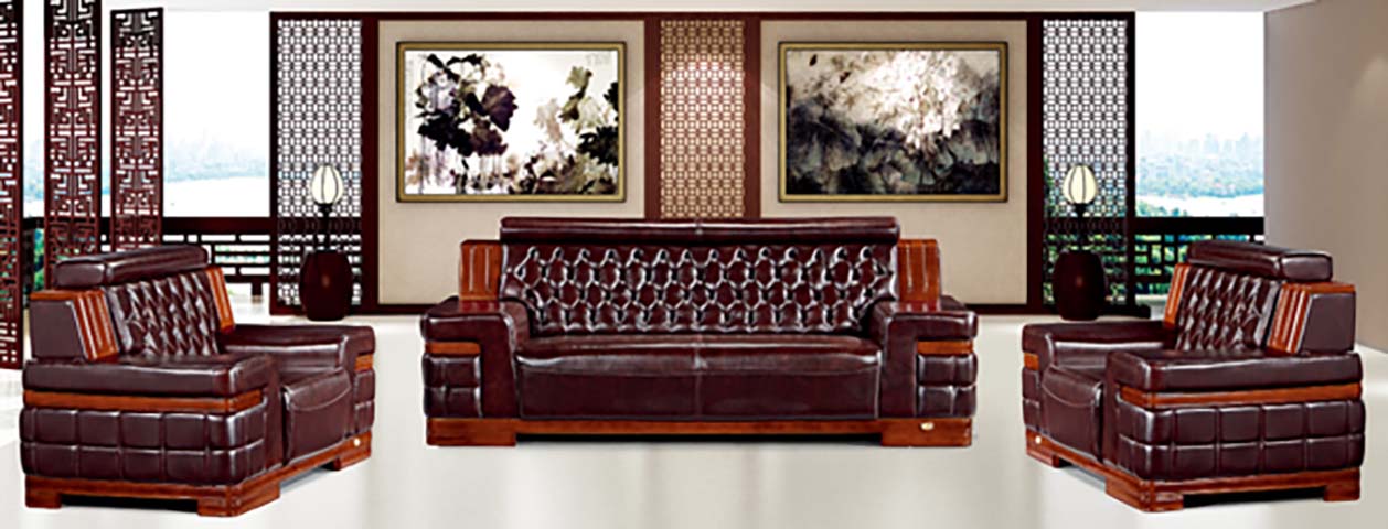Dark Brown Tufted Leather 3-Piece Executive Reception Sofa Set with Solid Wood Trim