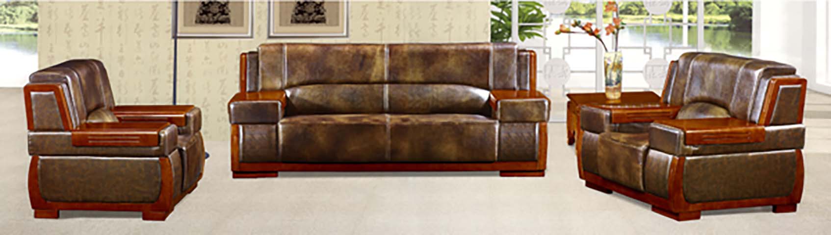 1+1+3 Distressed Brown Leather Sofa Set with Solid Wood Frame