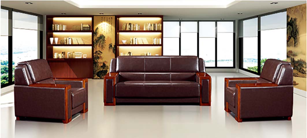 Dark Brown Leather Upholstered 3+1+1 Executive Office Reception Sofa Set with Solid Wood Trim