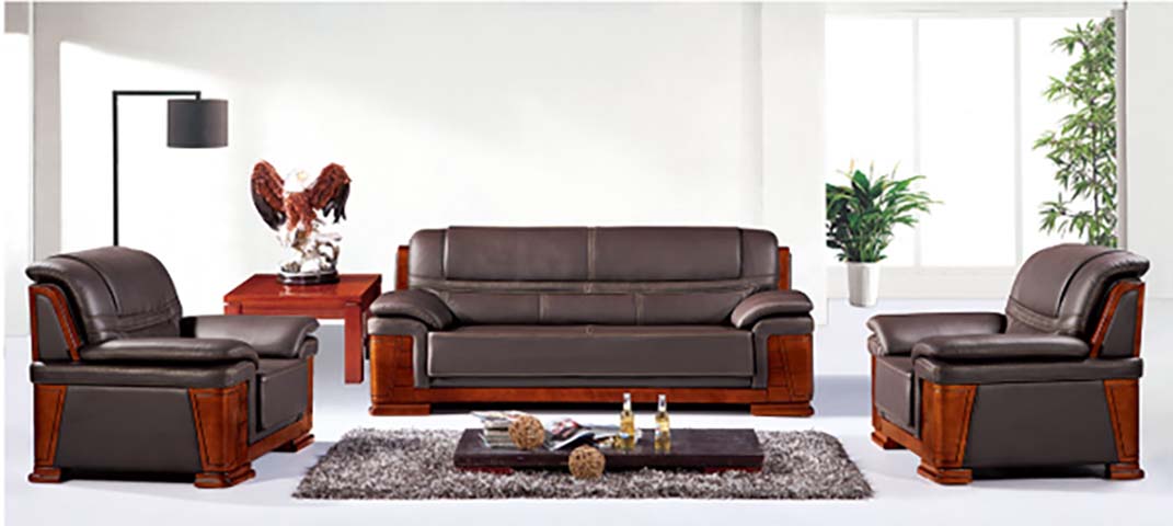 3+1+1 Configuration Brown Faux Leather Office Reception Seating Set with Solid Wood Accents