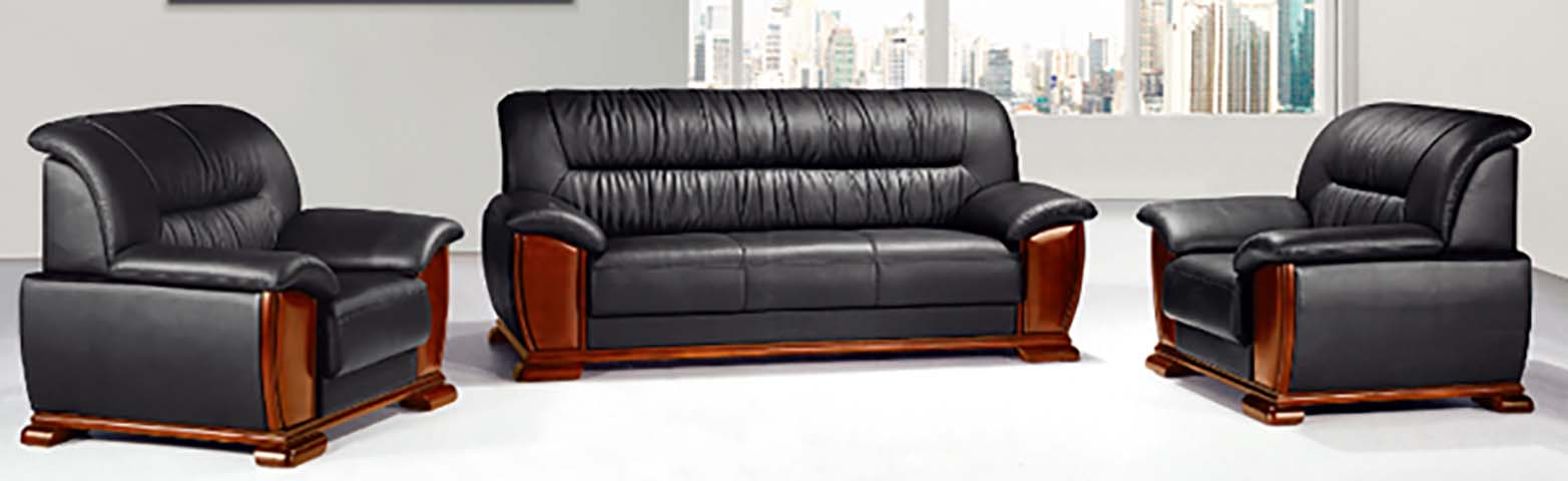 1+1+3 Seat Black Faux Leather Office Reception Sofa Set with Wood Trim