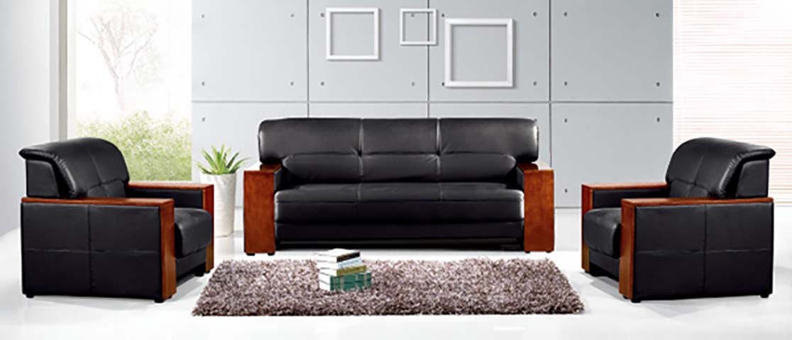 3+1+1 Black Leather Office Reception Sofa Set with Solid Wood Armrests