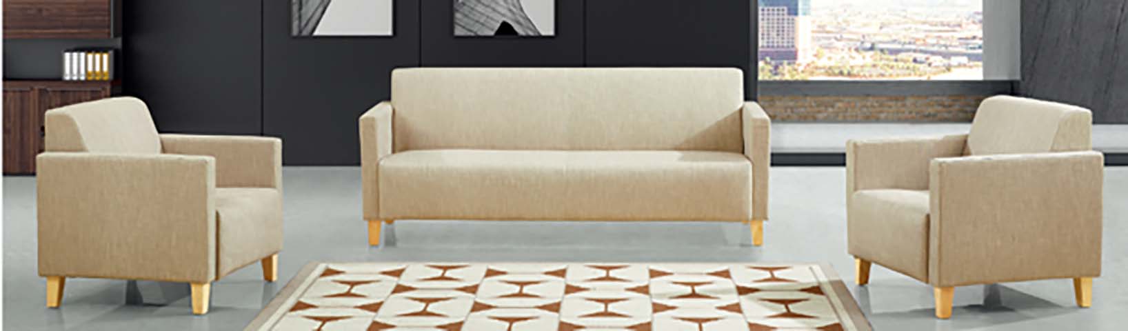 3-Piece Beige Fabric Office Reception Sofa Set (1 Three-Seater + 2 Armchairs)