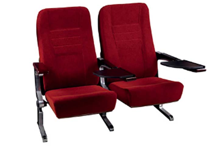 Ganged Red Fabric Auditorium Chair Pair with Fold-Out Writing Tablets