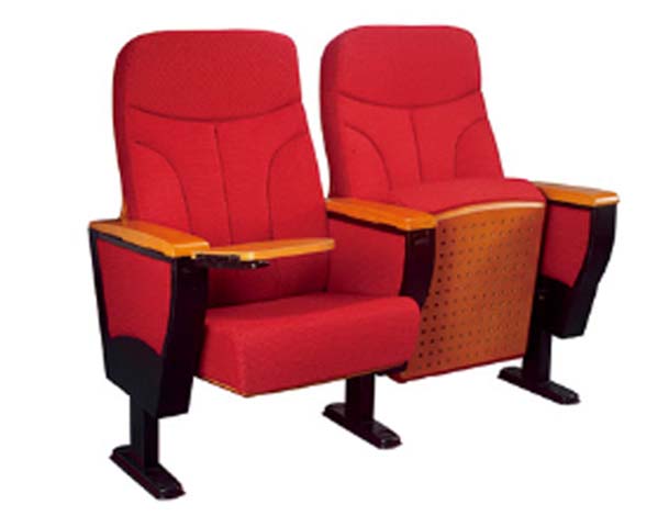Red Fabric Ganged Floor-Mounted Auditorium Chair with Folding Writing Tablet