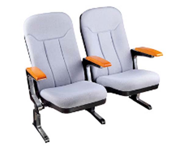 Two-Seat Ganged Light Gray Fabric Auditorium Seating with Wood Armrests