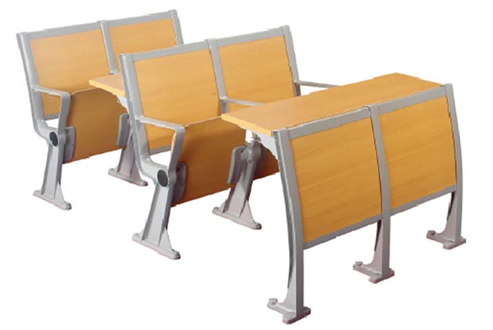 Ganged Floor-Fixed Lecture Hall Seating with Attached Writing Tablet, Tip-Up Seat, Steel-Wood Construction