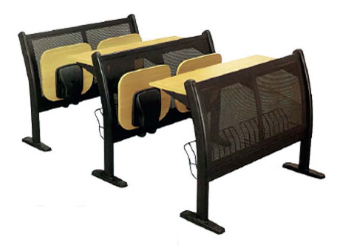 Two-Seat Floor-Mounted Linked Training Room Desk-Chair Unit with Mesh Dividers
