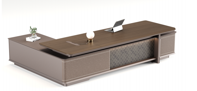 L-Shaped Executive Office Desk with Integrated Left Return Cabinet, Built-in Power Grommet and Decorative Accent Panel