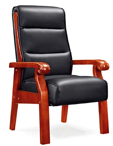 High-Back Black Leather Executive Conference Chair with Carved Solid Wood Frame
