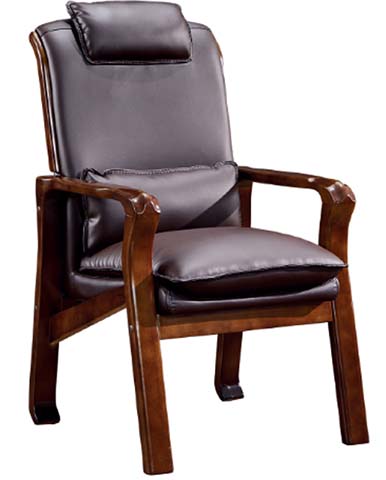 High-Back Solid Wood Frame Dark Brown Leather Executive Conference Guest Armchair with Headrest and Lumbar Cushion