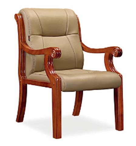 Traditional Scroll-Carved Solid Wood Beige Leather Executive Conference Armchair