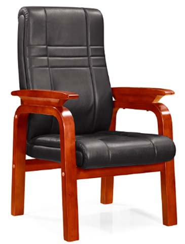 High-Back Fixed Solid Wood Arm Black Leather Conference Guest Chair