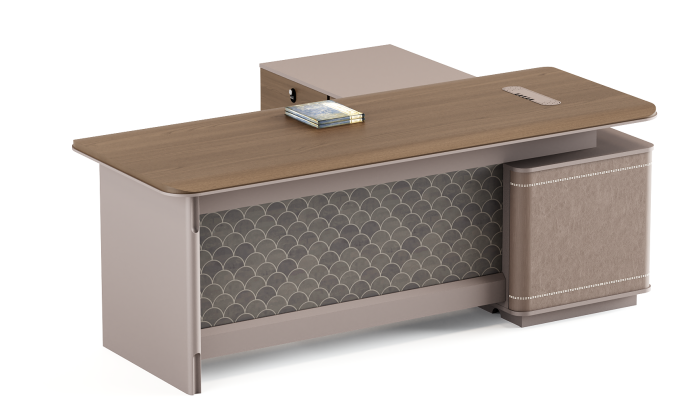 L-shaped executive office desk with integrated storage