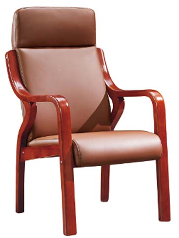 Fixed Four-Leg Bentwood Frame Brown Leather Conference Armchair with Headrest