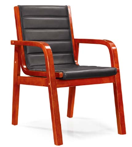 Fixed-Leg Red-Brown Bentwood Frame Black Padded Conference Armchair