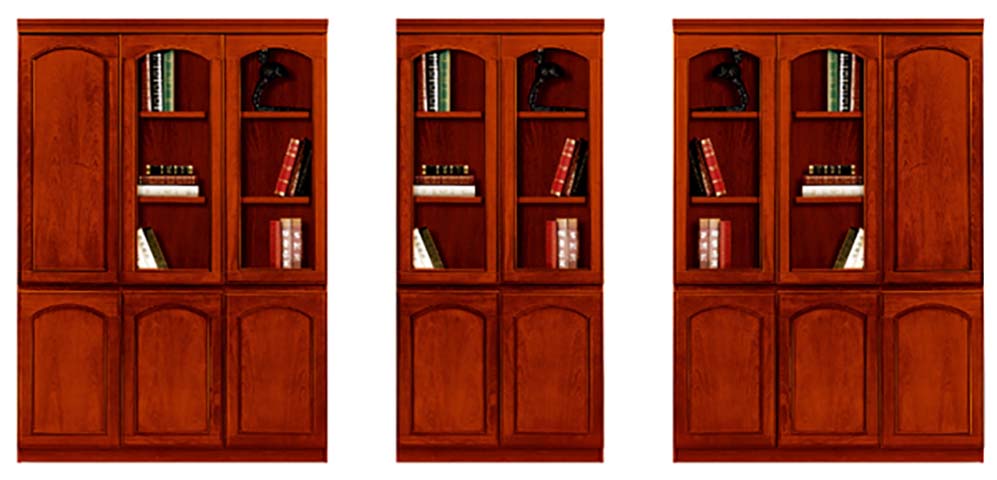 Traditional Modular Cherry Finish Wooden Bookcase with Arched Glass Upper Doors and Solid Lower Storage