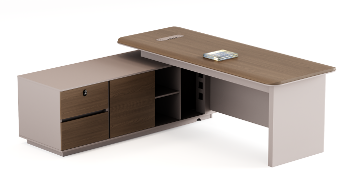 L-Shaped Executive Office Desk with Fixed Side Storage Credenza