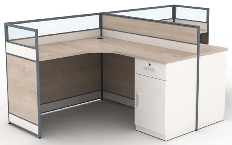 2-Person L-Shaped Corner Office Cubicle Workstation with Frosted Glass Dividers and Integrated Storage