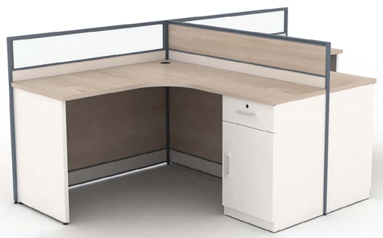 Single-Person L-Shaped Cubicle Workstation Desk with Glass Partitions and Integrated Lockable Storage