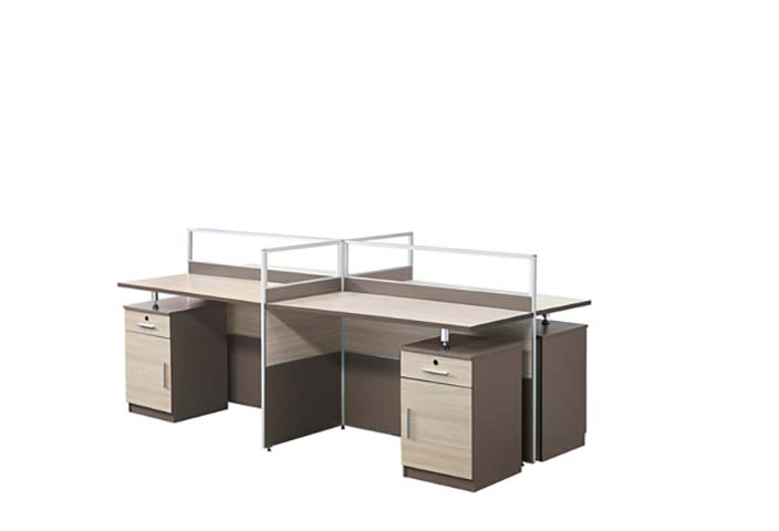 2-Person Cross-Shaped Partitioned Office Workstation Desk with Glass Dividers and Fixed Storage Pedestals